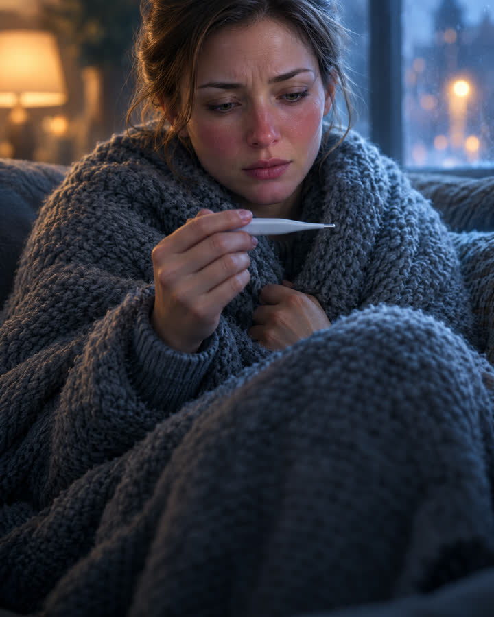 KI-illustrasjon: En fiktiv kvinne sitter under et pledd med et termometer i hånden.