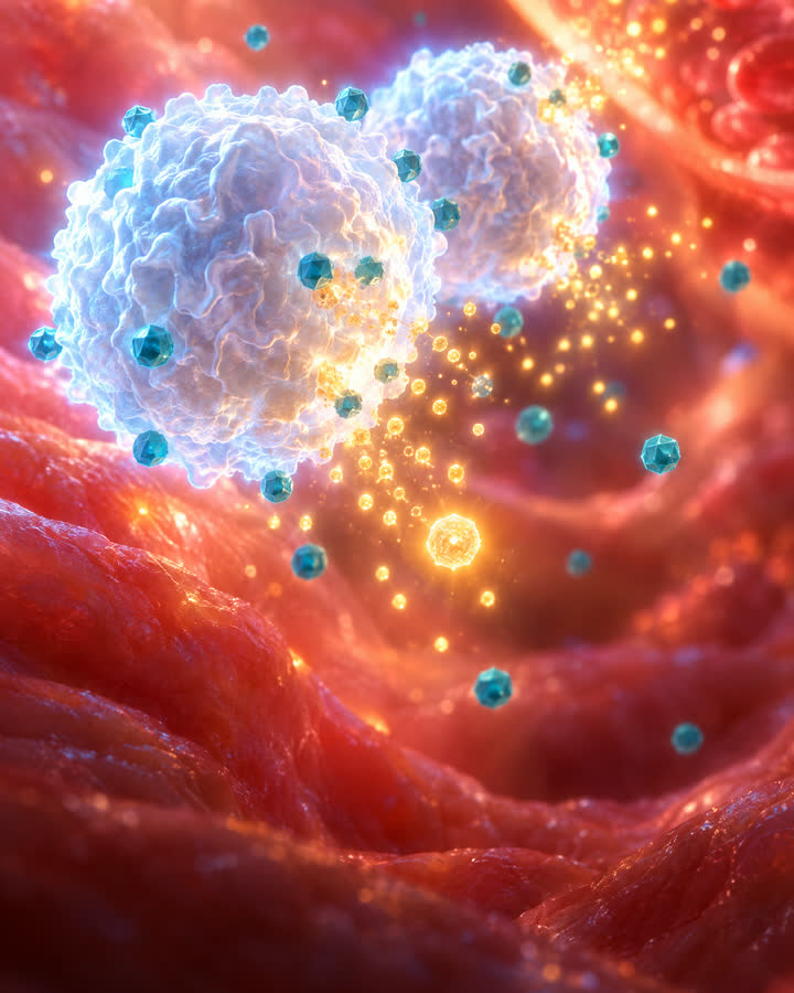 KI-illustrasjon: Inne i slimhinnen: hvite blodceller (immunforsvaret) møter virus og sender ut gylne signalstoffer.