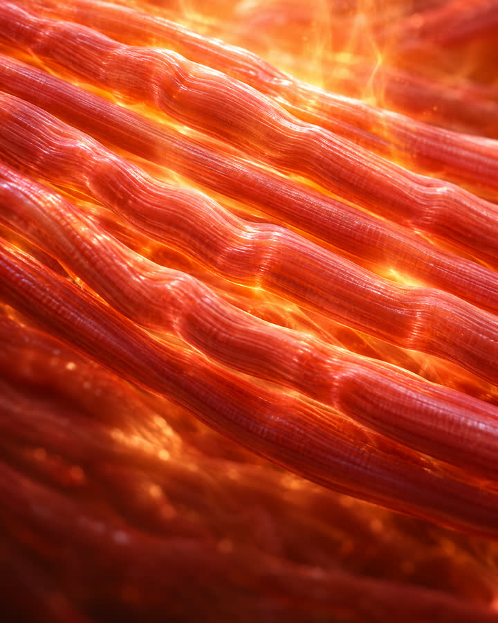 KI-illustrasjon: Muskelfibre som dirrer raskt og gir fra seg varme.