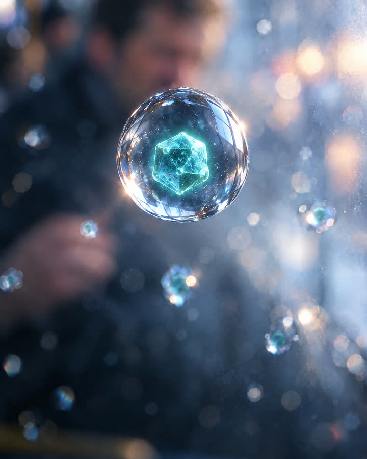 AI illustration: A fictional man sneezes on the bus. A tiny teal virus floats in one of the droplets.