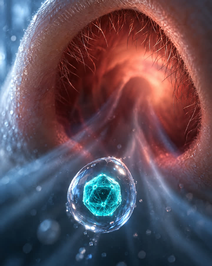 AI illustration: The droplet with the virus is drawn into the nose with a breath.