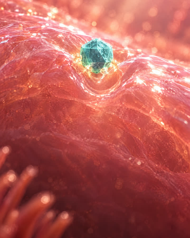 AI illustration: The virus has latched onto a cell in the lining of the nose.