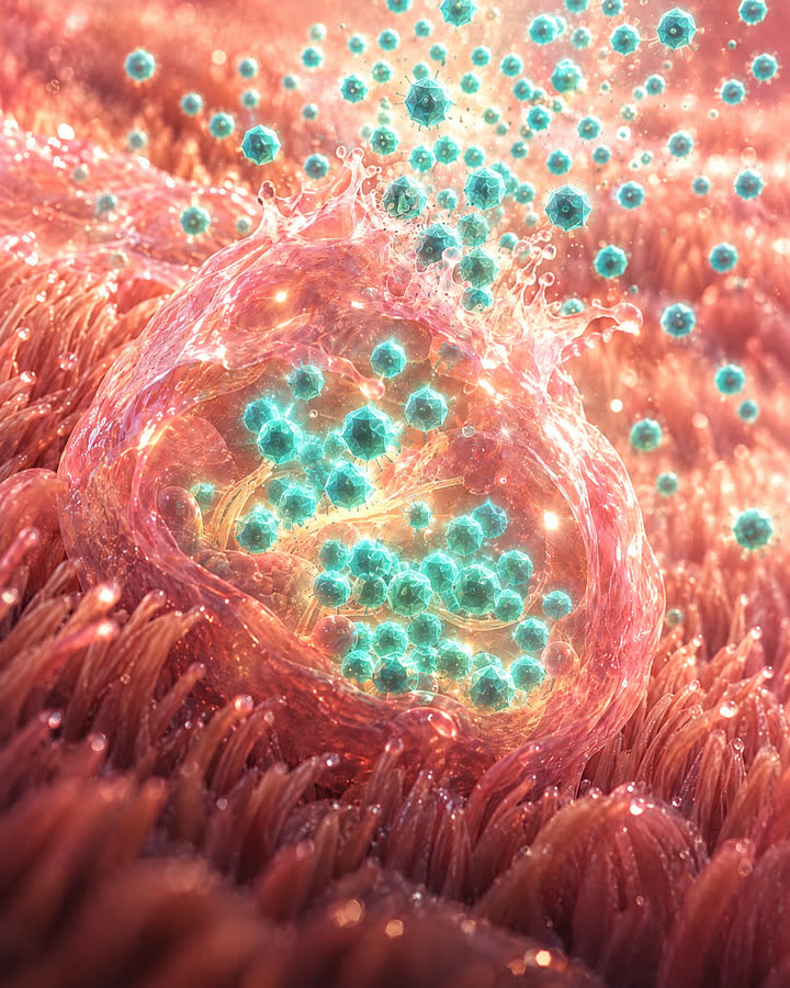 AI illustration: The cell glows from within. Many new viruses have been made and are released.