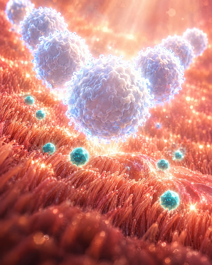 AI illustration: Large white blood cells (the immune system) move in on the viruses.