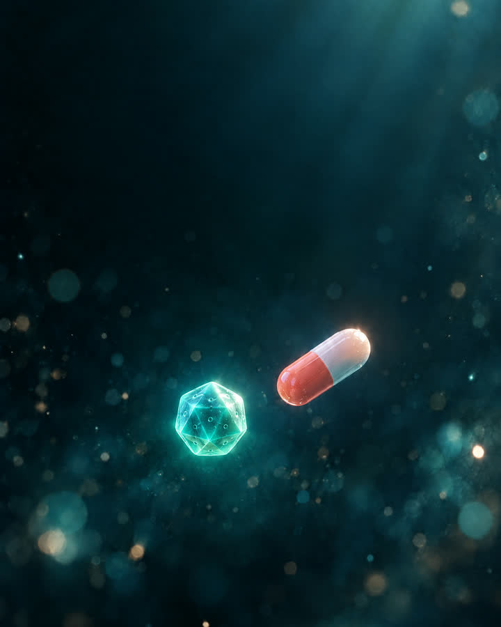 AI illustration: A virus and an antibiotic capsule in the dark. The capsule drifts past without affecting the virus.