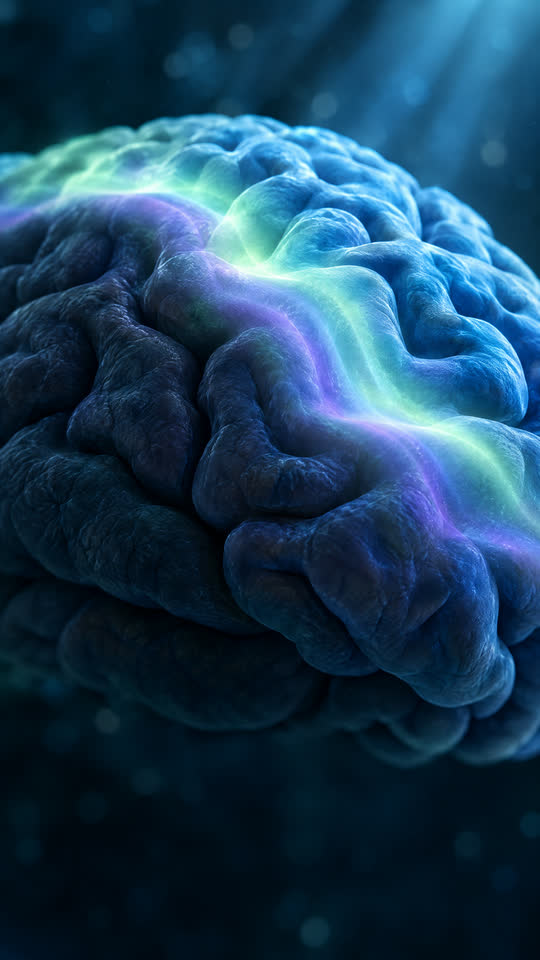 AI illustration: a glowing wave gliding across the surface of the brain.